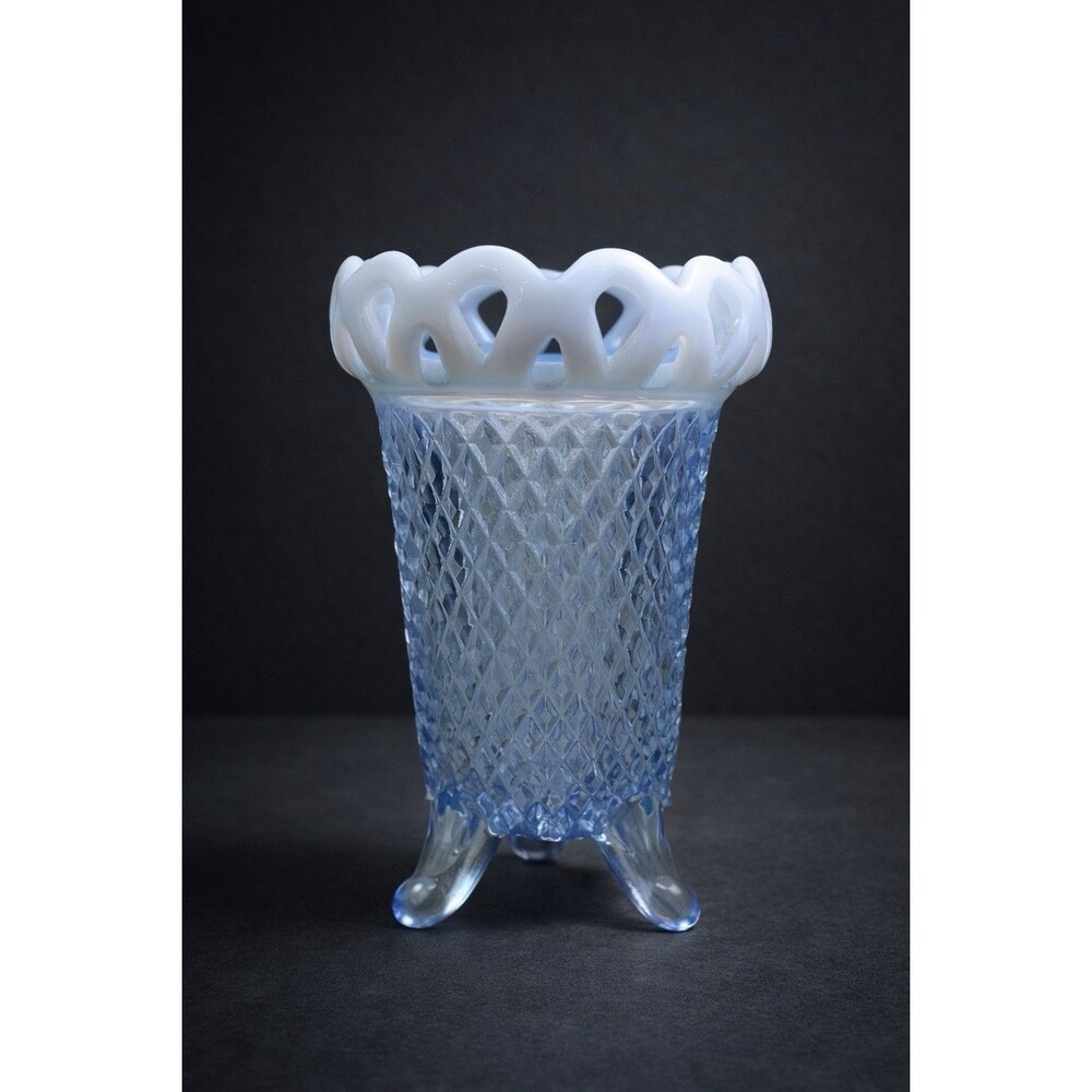Imperial Glass Moonstone Blue Footed Vase Lace Edge Diamond Pattern 5.25”